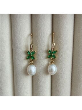 Gold Pearl Drop Earrings with Emerald Green Accents